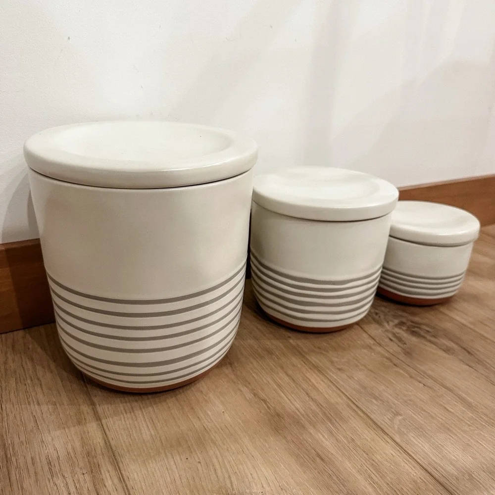 Hearth & Hand‎ Magnolia Stoneware 3 Crocks Cream & Gray Stripes w/ Lids Lg Md Sm